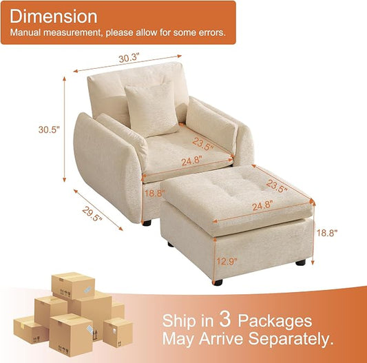 30" Modular Cloud Accent Chair with Ottoman, Deep Seat Tufted Chenille Sofa Chair with Curved Arms, Upholstered Reading Chairs for Living Room, Bedroom, Beige