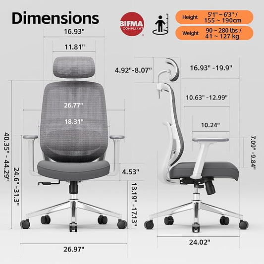 Ergonomic Office Chair, Home Office Desk Chairs, 3D Lumbar Support High Back Desk Chair, Comfortable Computer Chair & Gaming Chair for Office & Home - Silver