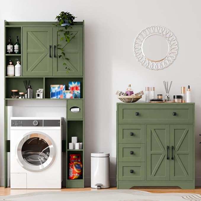 Vabches Farmhouse Storage Cabinet with 2 Doors and 4 Drawers, Freestanding Bathroom Storage Cabinet Kitchen Pantry, Floor Hutch Cupboard for Bathroom/Living Room/Kitchen.Green