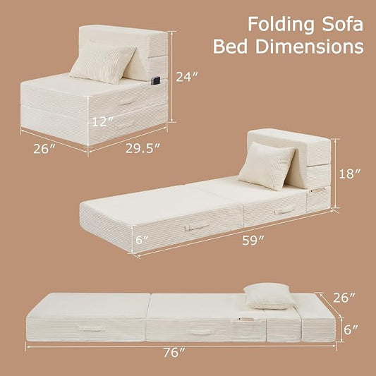 Folding Sofa Bed, 4 in 1 Convertible Sleeper Chair with Pillow, Single Memory Foam Fold Out Chair Bed, Modern Floor Futon Sofa Couch Mattress for Living Room/Guest/Apartment,Beige