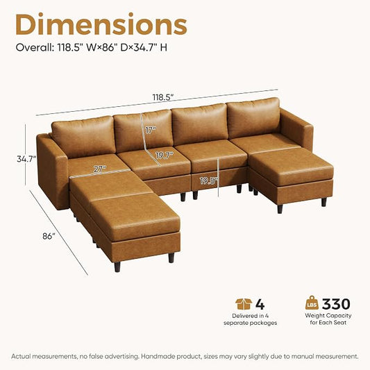 ABCASA Faux Leather Modular Sectional Sofa 118.5", 7 Seater U Shaped Couch with Storage Seat with Reversible Chaise Deep Seat for Living Room Brown
