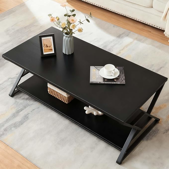 HOMISSUE Coffee Table, Rustic Rectangle Coffee Table with 2-Tier Storage, Engineered Wood Center Table with Open Shelves, Minimalist Coffee Table for Living Room, 47 Inch, Black