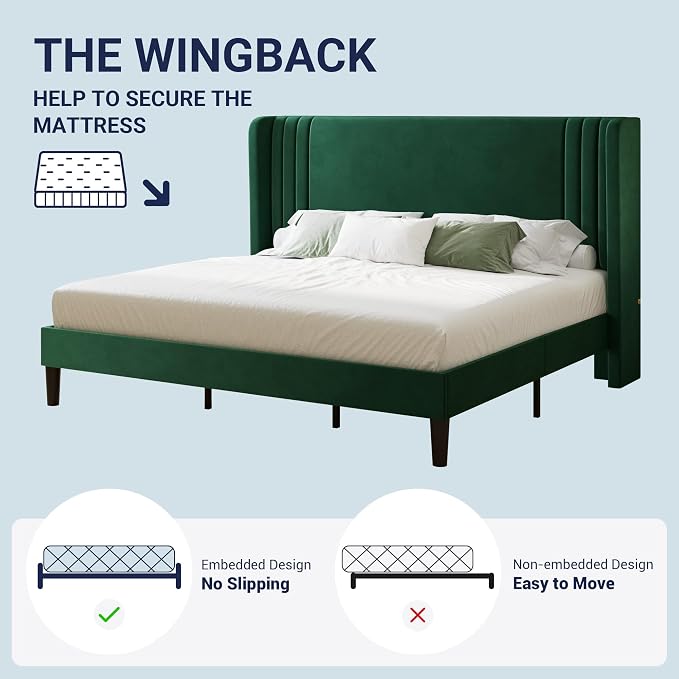 Allewie King Size Velvet Platform Bed Frame with Vertical Tufted Wingback Headboard, Easy Assembly, Under Bed Storage, No Box Spring Required, Modern Style, Green