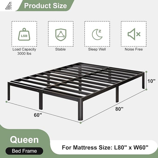 Lutown-Teen 10 Inch Queen Bed Frame with Rounded Corner Legs, 2000 LBS Heavy Duty Metal Queen Platform Bed Frame with Steel Slats Support, No Box Spring Needed, Noise Free, Easy Assembly