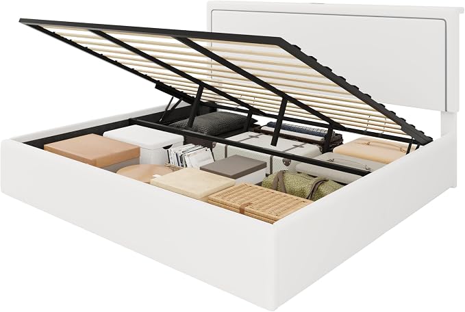 SHA CERLIN King Size Hydraulic Lift-Up Storage Platform Bed Frame with Charging Station, RGB LED Lights, Adjustable Velvet Headboard, USB-A and USB-C Ports, No Box Spring Needed, White