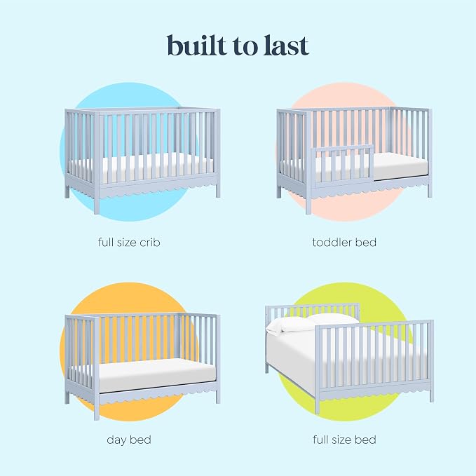 Davinci Sammy Scallop 4-in-1 Convertible Baby Crib, Powder Blue | GREENGUARD Gold Certified, Converts to Toddler Bed & Daybed & Full-Size Bed, 4 Adjustable Mattress Heights - Easy to Assemble