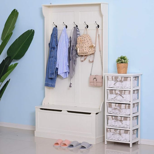 HOMCOM Hall Tree with Bench and Shoe Storage, 3-in-1 Entryway Bench with Coat Rack, 5 Hooks and Flip Top Storage Compartment, Cream White
