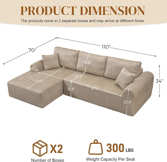110" L Shaped Boneless Sectional Couches for Living Room, Comfy Corduroy Floor Cloud Sofa with Chaise, Wide Armrest, Deep Seat, Memory Foam, Assembly Free, Ideal for Small Spaces, Brown