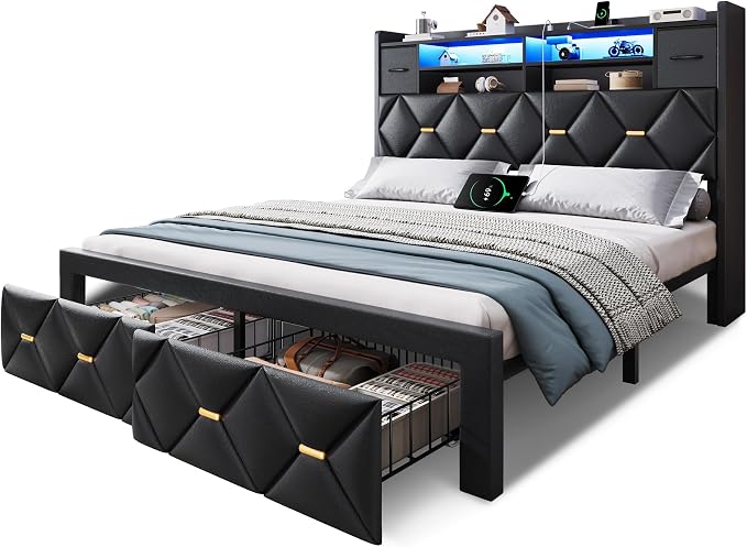 YITAHOME Full Size Bed Frame with 2 Storage Drawers and Storage Headboard, Upholstered Platform with Charging Station and LED Light, No Box Spring Needed, Noise Free, Easy Assembly, PU Leather Black