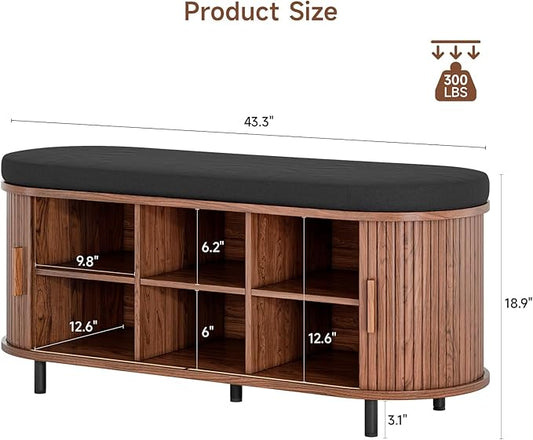 ONBRILL 43" Shoe Bench with Storage, Fluted Shoe Storage Bench with Cushion, Sliding Door and Adjustable Shelf, for Entryway, Hallway, Living Room, Walnut