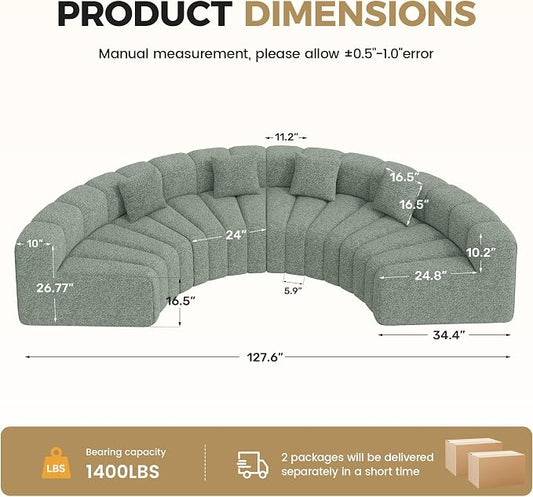 Oversized Curved Sofa, 4 Seater Modular Velvet Cloud Couch, Modern Boneless Sectional Couches for Living Room, No Assembly Required, Light Green 1PC
