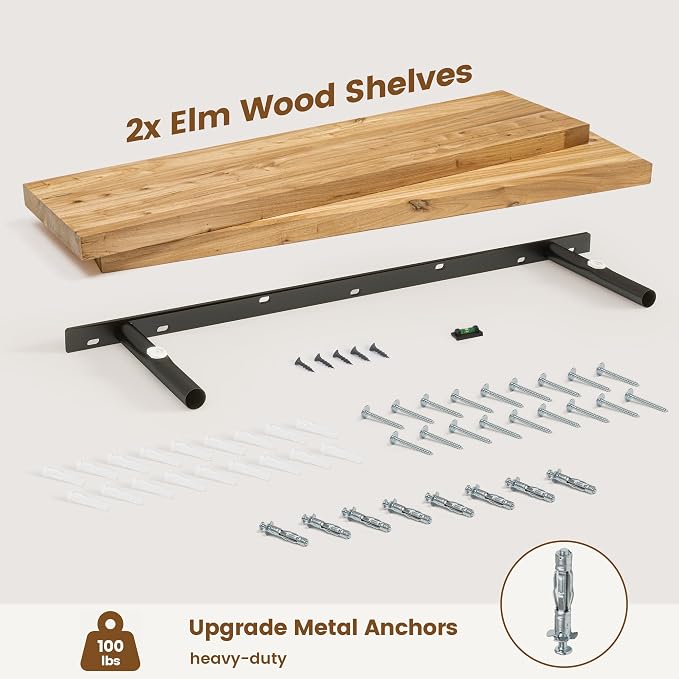 Floating Shelves for Wall Decor, 8" Deep Solid Elm Wood Floating Shelves Wall Mounted, Rustic Wall Shelves with Invisible Bracket for Living Room Bathroom Bedroom Kitchen, 36 Inch Set of 2, Natural