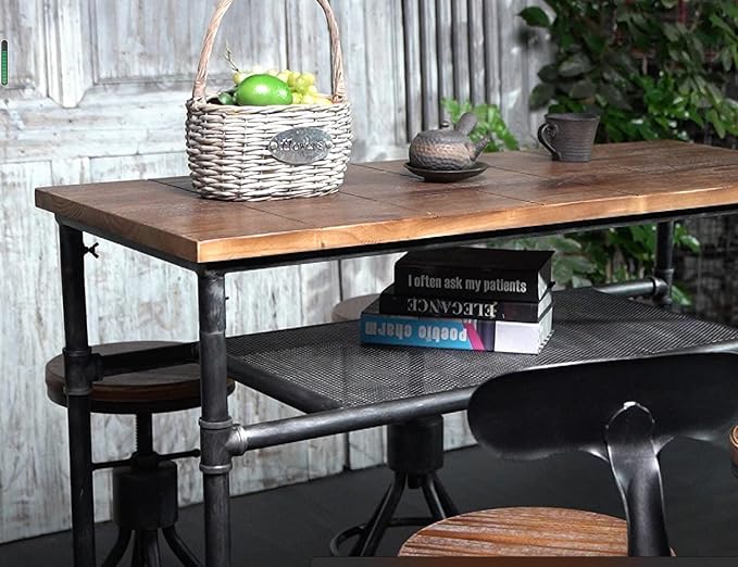 41.3inch Height Industrial Bar Table Rustic Metal Pipe Wood Design Farmhouse Bistro Pub Table Vintage Office Computer Desk Meeting for 4-5 peoplle 2 Tier Storage