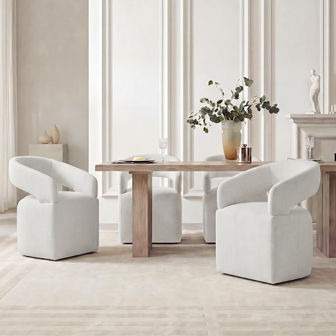 KISLOT Upholstered Dining Chairs Set of 1, Modern Arm Kitchen & Dining Room Chairs with Hidden Casters, Linen Fabric Padded Rolling Chairs, Sturdy Wood Frame, 300 lbs Capacity, Light Linen