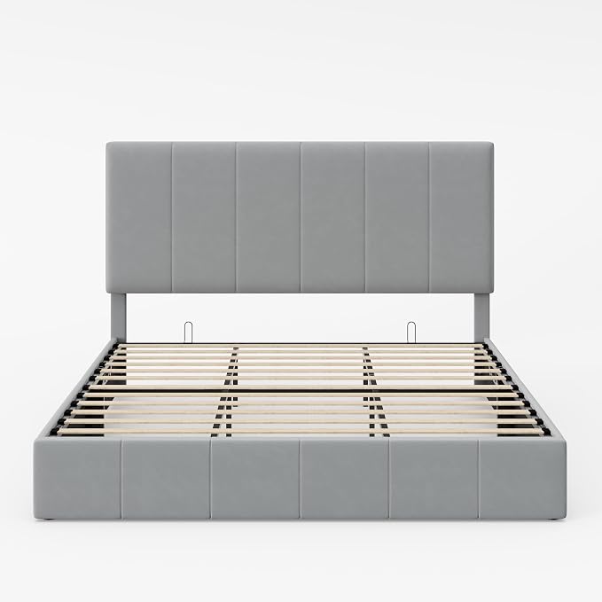 Allewie King Size Velvet Lift Up Storage Bed Frame, Vertical Channel Tufted Headboard, Hydrualic Underneath Storage, Upholstered Platform Bed, Wooden Slats Support, No Box Spring Needed, Gray