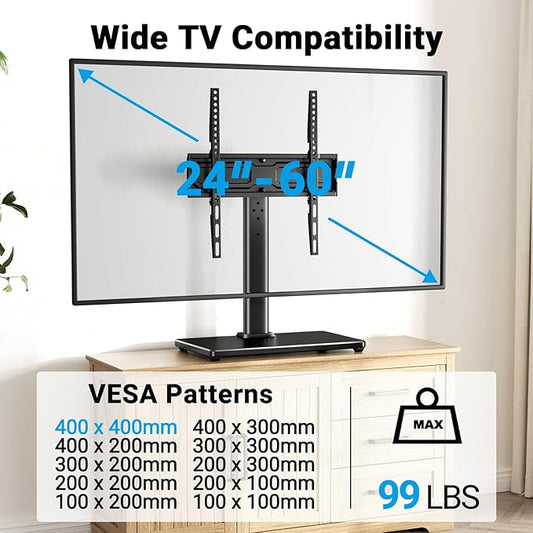 PERLESMITH Universal Swivel TV Stand for 24-60 inch TVs up to 99 lbs, 12 Height Adjustable Table Top TV Stand, TV Base Stand with Tempered Glass Base, Max VESA 400x400mm, PSTVS33