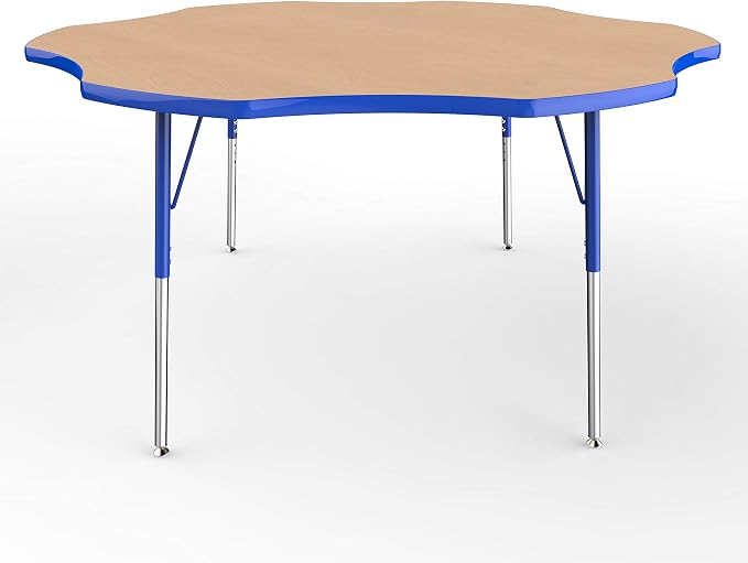 FDP Flower Activity School and Office Table (60 inch), Standard Legs with Swivel Glides for Collaborative Seating Environments, Adjustable Height 19-30 inches - Maple Top and Blue Edge