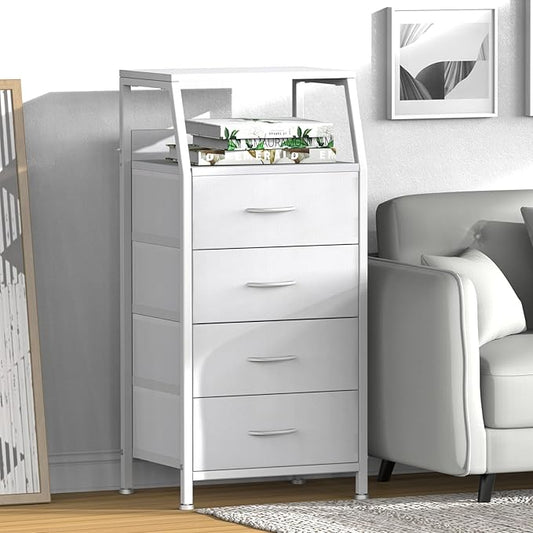 White Dresser for Bedroom, Storage Organizer with 4 Drawers, Vertical Fabric Storage Stand, Nightstand Bedside Table, Sturdy Steel Frame & Wooden Top