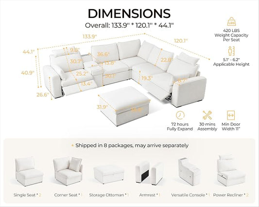 Oversized Modular Power Recliner Sofa Wall Hugger, Cloud Reclining Couch with Headrest, Storage Ottoman, Drawer Charging Cup Holder, Deep L-Shaped 6 Seater with Dual Electric Recliner, Chenille, White
