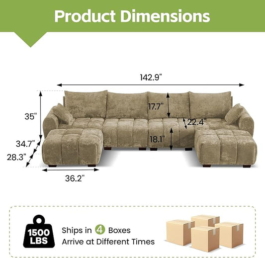 143" Oversized U Shaped Cloud Modular Sectional Sofa, Modern Chenille Upholstered 6 Seater Couch with 2 Removable Ottomans, Tufted Deep Seat & Wood Legs, Large Brown Sectional Couches for Living Room