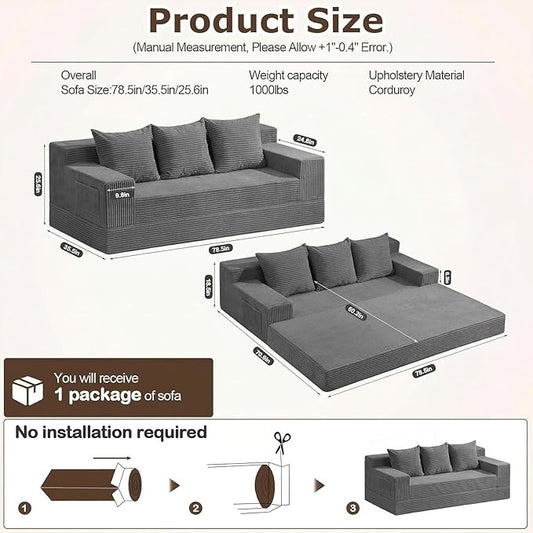 cidludto Convertible Sofa Bed, 78" Oversized Boneless Loveseat Couch 2 in 1 Foldable Futn Bed Couch in A Box, Folding Sofa Chair for Living Room, No Assembly Required, Grey