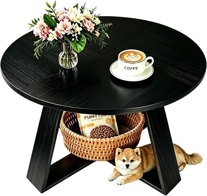 Black Round Coffee Table, 31.5" Modern Coffee Table for Living Room with Mountain Textures,Small Coffee Table with Open Storage, Circle Center Table with Cross Base, Easy Assembly