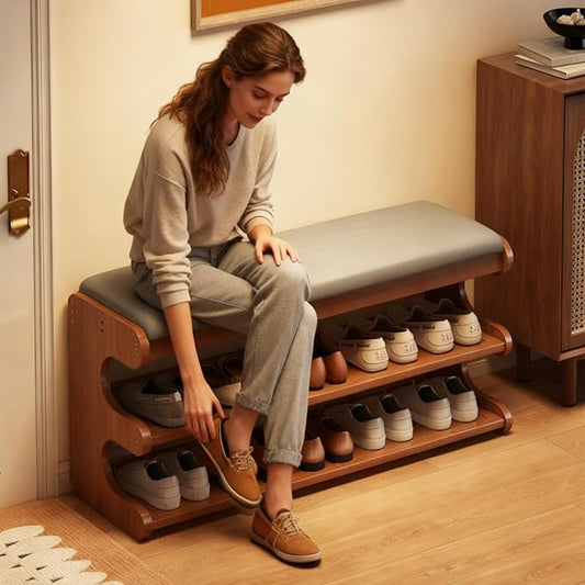 Shoe Rack Bench with Flip-Top Storage 3 Tiers Bamboo Entryway Bench Organizer with Linen Cushion for Hallway, Mudroom, Closet, Front Door Entrance, Foyer Walnut 100cm/39.37in
