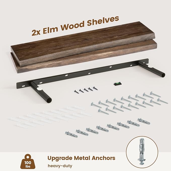 Live Edge Floating Shelves for Wall Decor, Solid Elm Wood Floating Shelves Wall Mounted, Rustic Wall Shelves with Invisible Bracket for Living Room Bathroom Bedroom Kitchen, 36 Inch Set of 2, Walnut