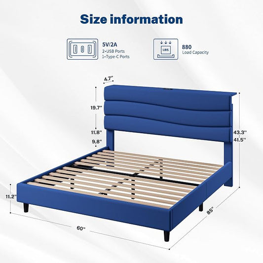 EnHomee Queen Bed Frame with Upholstered Headboard,Adjustable Height Platform Bed,Charging Station,No Box Spring Needed,Easy Assembly,Noise-Free,Navy Blue