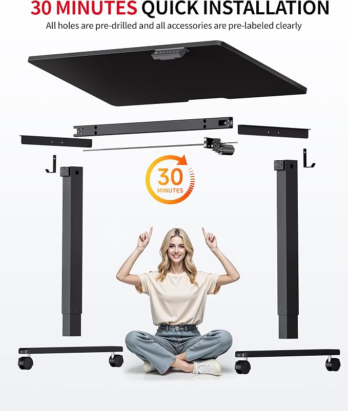 Okin Standing Desk Electric Adjustable Computer Whole Piece Stand up Desk with Wheels Office Gaming Home Office Memory Desks 48x24 inches Black
