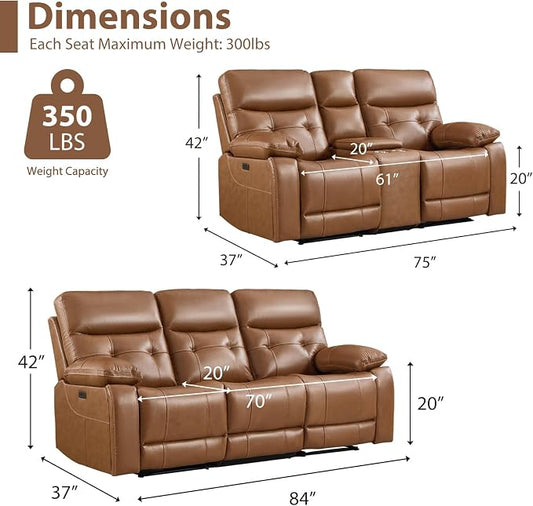 CANMOV Genuine Leather Power Reclining Sofa Set, Power Recliner Sofa and Loveseat Set, 2 Pieces Leather Couch with Storage Console, USB Ports, Cup Holders for Living Room,Brown