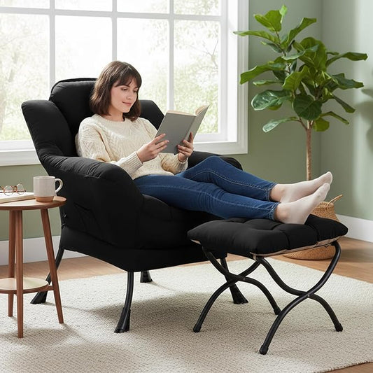 Lazy Chair with Ottoman, Modern Accent Chair Contemporary Lounge Leisure Sofa Chair with Armrests, Reading Chair and Folding Footstool Set for Living Room, Bedroom, Office, Black