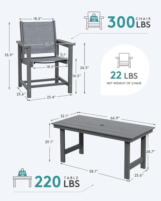 SERWALL Patio Dining Sets for 6, Outdoor HDPE Dining Set with Umbrella Hole Cut-Out Table and 6 Woven Chairs, Gray