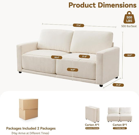77.4" Modular Sectional Loveseat Sofa, Cloud Deep Seat Couch, Love Seat Sofas for Living Room, 2 Seater Chenille Couches with Thickened Cushions, White