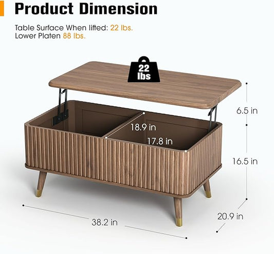 JOINICE Lift Top Coffee Table with Storage, Mid Century Modern Fluted Wood Design,Pop-Up Walnut Center Table with Hidden Compartment for Living Room & Home Office Work/Dining