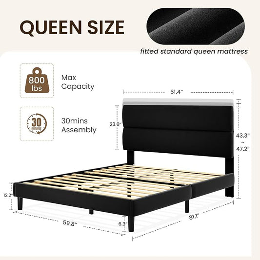 GRUSIGN Queen Size Platform Bed Frame with Velvet Headboard, Adjustable Height Wooden Slats Support, Upholstered Mattress Foundation, Fits Mattress or Mattress with Box Spring, Easy Assembly, Black