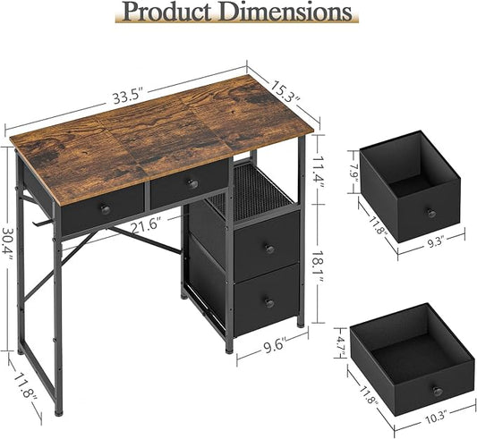 3IngSeagulls Small Computer Desk with 4 Fabric Drawers, Simple Writing Desk for Home Office, Compact Study Desks for Small Spaces, Kids Desk Study for Bedroom, Rustic Brown