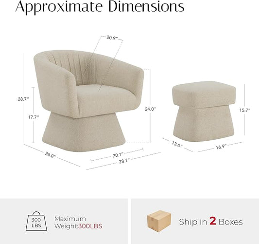 Zerel's Home Swivel Accent Chair with Ottoman, Upholstered Barrel Accent Chair, Modern Accent Chair with Pleated Backrest and Arms, Boucle Armchair for Living Room Bedroom, Set of 2, Sand
