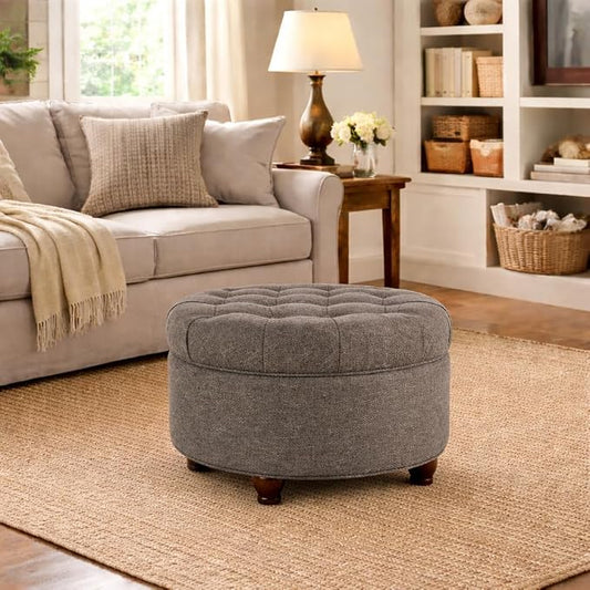 HomePop 25" Button Tufted Round Storage Ottoman - Dark Gray