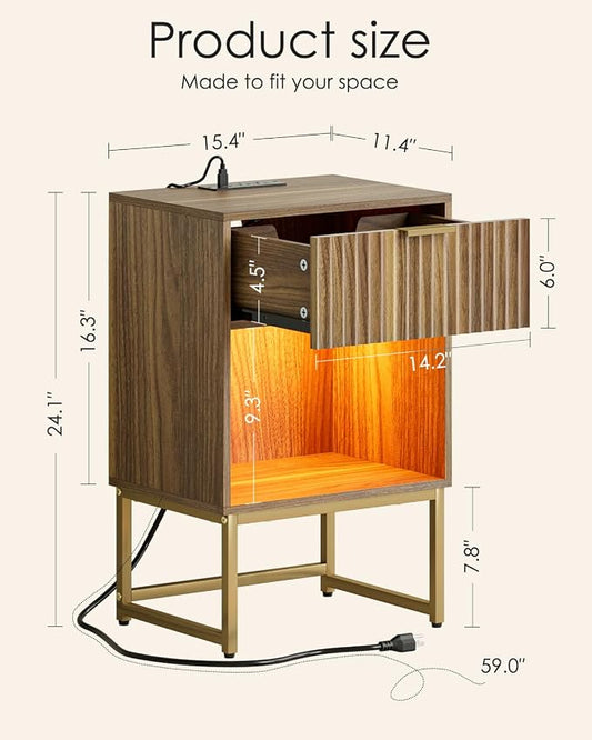 Masupu Fluted Nightstand with Charging Station and LED Lights,Modern Night Stand Wood Bedside Table with Storage Drawer Side End Table for Bedroom,Office,Walnut Brown