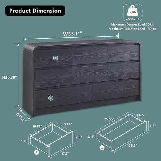 Aitjunz Modern 8 Drawers Dresser for Bedroom, 55" Wide Dressers & Chest of Drawers w/Curved Profile Design, Wood Mid Century Storage Dressers Organizer for Bedroom, Living Room, Black