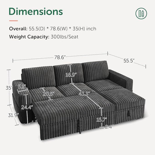 HONBAY Modular Sectional Sofa with Pull Out Bed,Corduroy L Shaped Sleeper Sofa with Storage, Sectional Couches for Living Room,Dark Grey