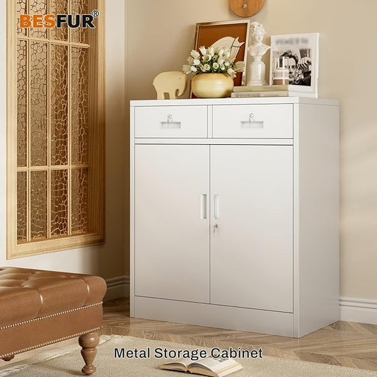 BESFUR Metal Garage Storage Cabinet with Two Lockable Drawers 2 Locking Doors and an Adjustable Shelf, 36" White Metal Short Storage Cabinet for Home Office, Garage,School,Utility Room