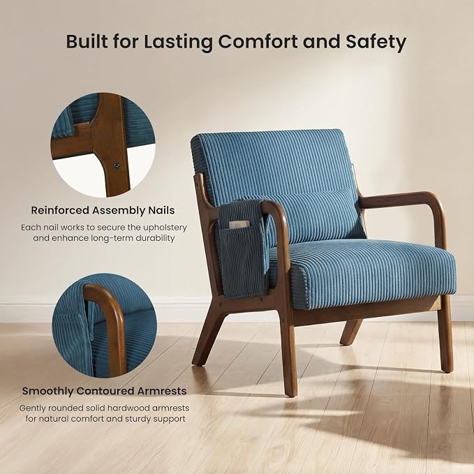 DUMOS Accent Chairs Set of 2, Mid Century Modern Accent Chair with Lumbar Pillow and Solid Wood Frame, Upholstered Armchair Reading Chair for Living Room, Bedroom, Navy Blue