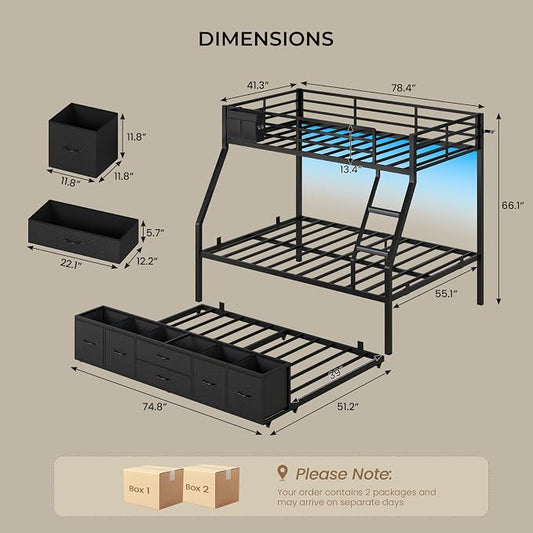 BTHFST Twin Over Full Bunk Bed with Trundle & 6 Storage Drawers, Bunk Bed with LED Lights, Heavy Duty Metal Bunkbeds with Ladder and Full-Length Guardrail, Space Saving, Black