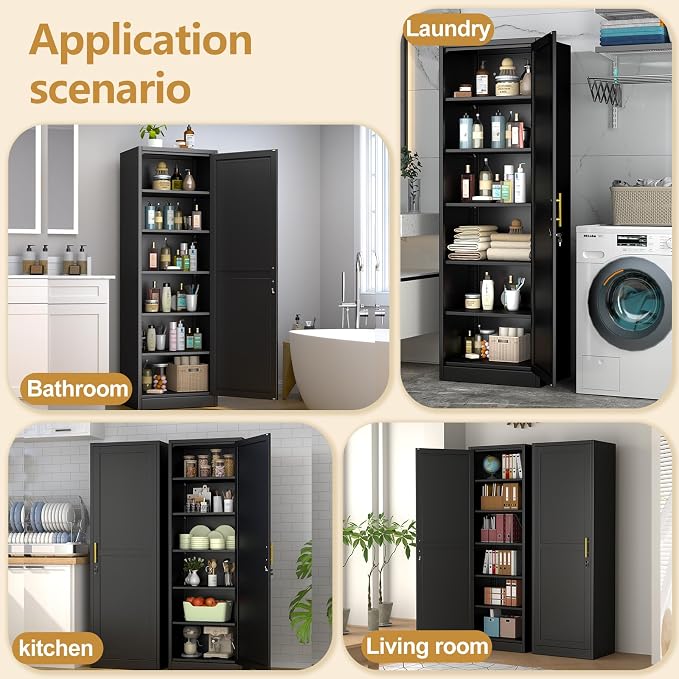 Tall Narrow Slim Metal Storage Cabinet with Lock and 5 Adjustable Shelves,Steel File Cabinets,Kitchen Pantry Cabinet Locker Organizer - 67" Storage Cabinets for Bathroom,Bedroom,Office,Black