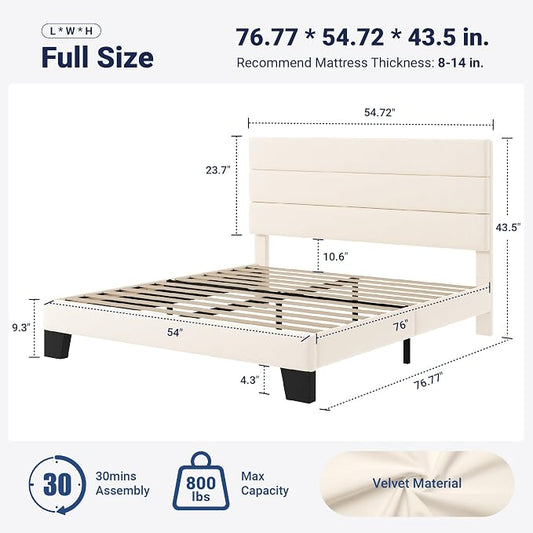 Allewie Full Size Platform Bed Frame with Velvet Upholstered Headboard and Wooden Slats Support, Fully Upholstered Mattress Foundation/No Box Spring Needed/Easy Assembly, Cream