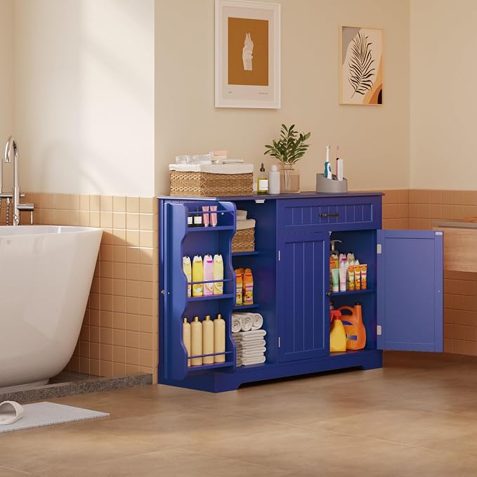 Gizoon Kitchen Sideboard Buffet Cabinet with Storage Small Coffee Bar Cabinet with Drawer, Kitchen Pantry Storage Cabinet with Door and Shelves for Bathroom and Living Room, Painted Navy Blue