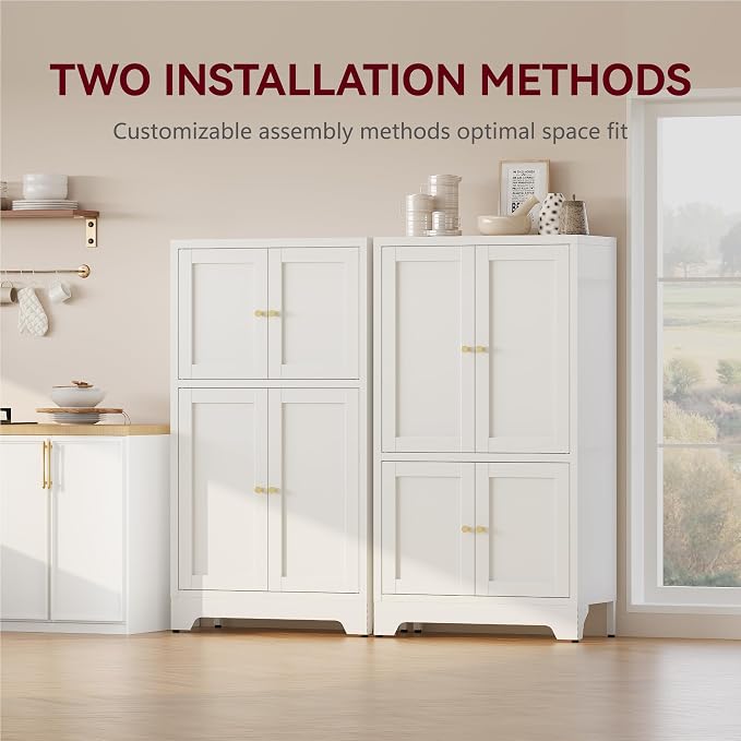 43" H Small Storage Cabinets,Metal White Pantry Cabinets with Doors,Food Pantry Cabinet with 4 Doors and Shelves for Kitchen Dining Room