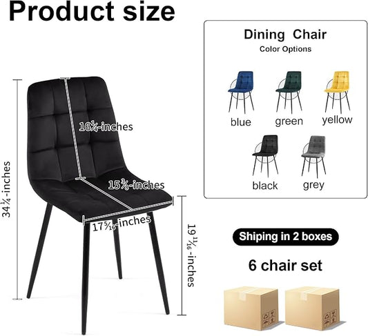 NORDICANA Dining Chairs Set of 6, Modern Black Velvet Kitchen Chairs for 6 Person, Armless Chairs Upholstered Cushion Seat, Metal Legs